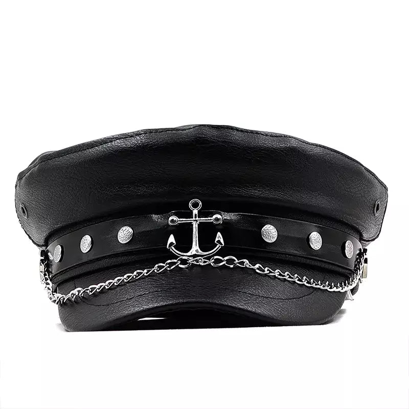 Anchor Black Leather Sailor Cap