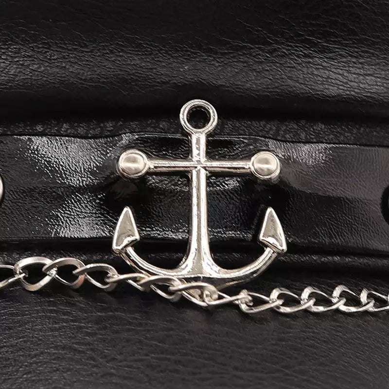 Anchor Black Leather Sailor Cap