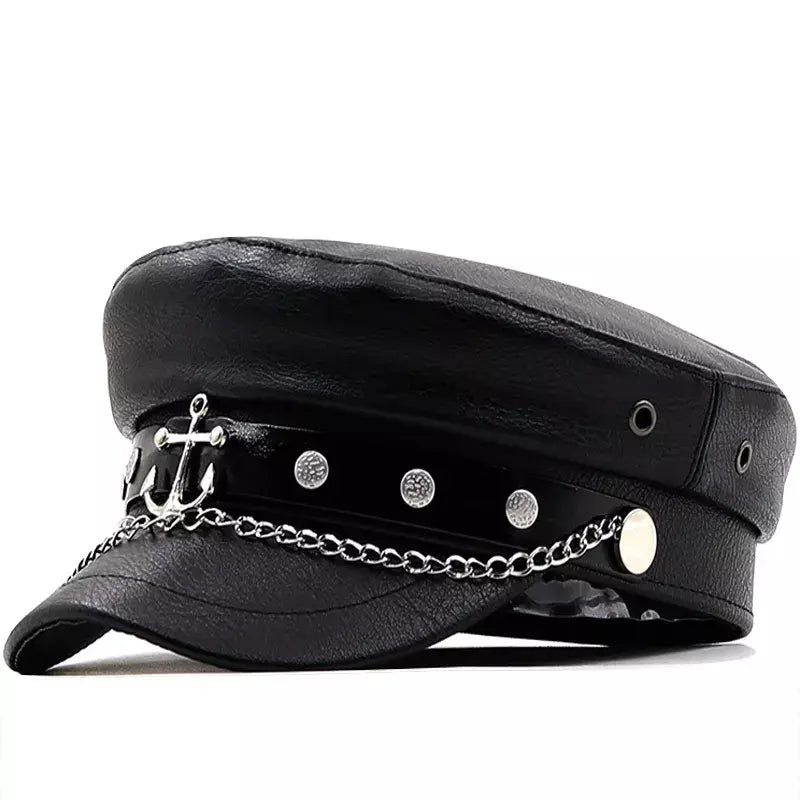 Anchor Black Leather Sailor Cap