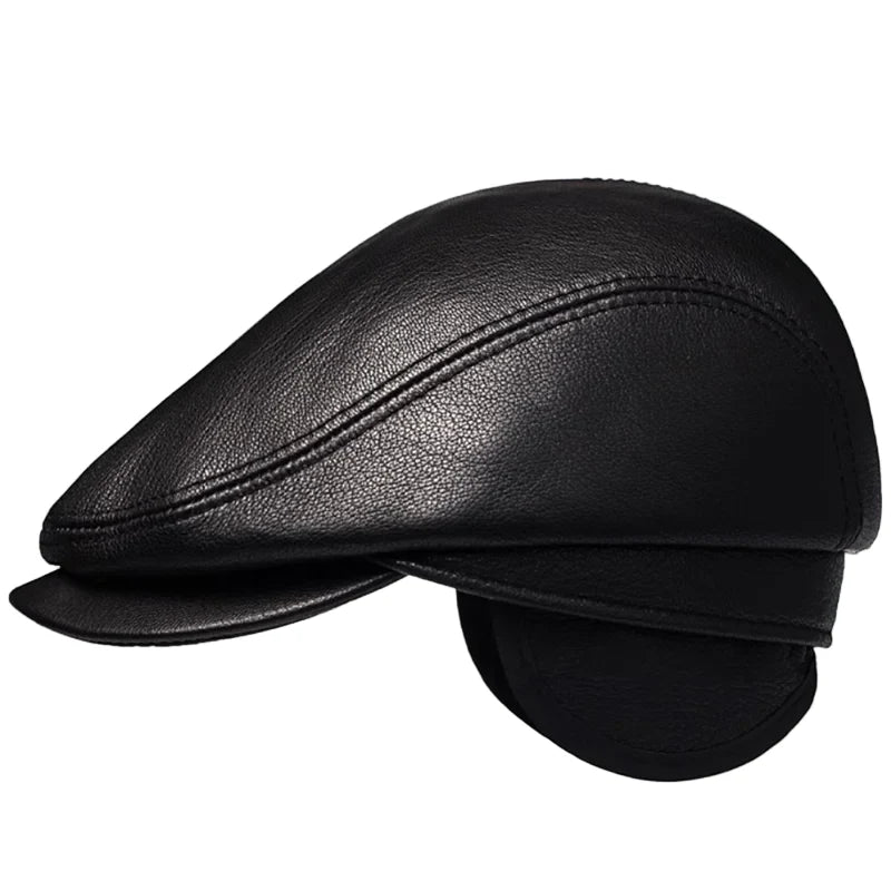 Atlanta Black Genuine Leather Earflaps Flat Cap