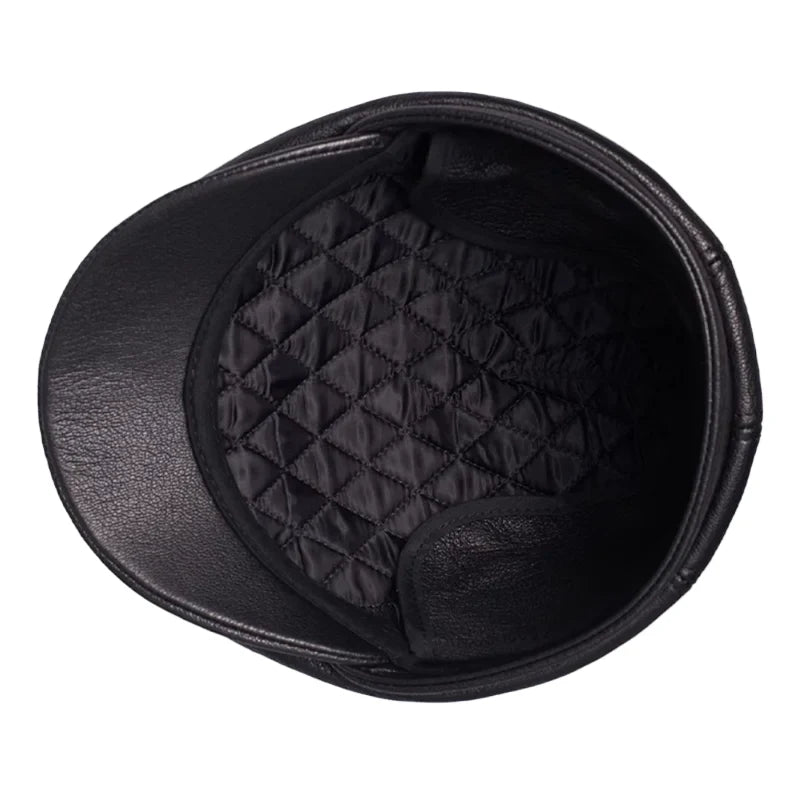 Atlanta Black Genuine Leather Earflaps Flat Cap