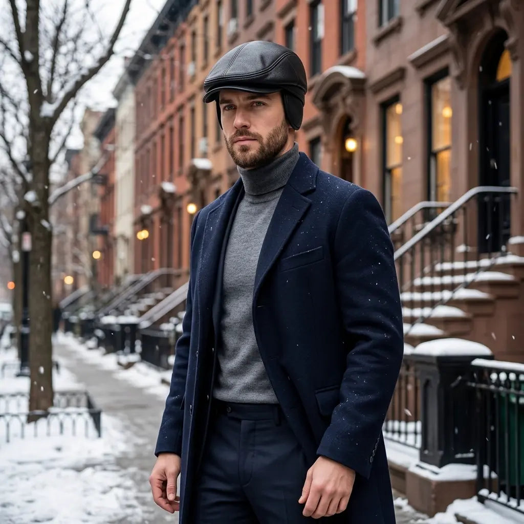Atlanta Black Genuine Leather Earflaps Flat Cap