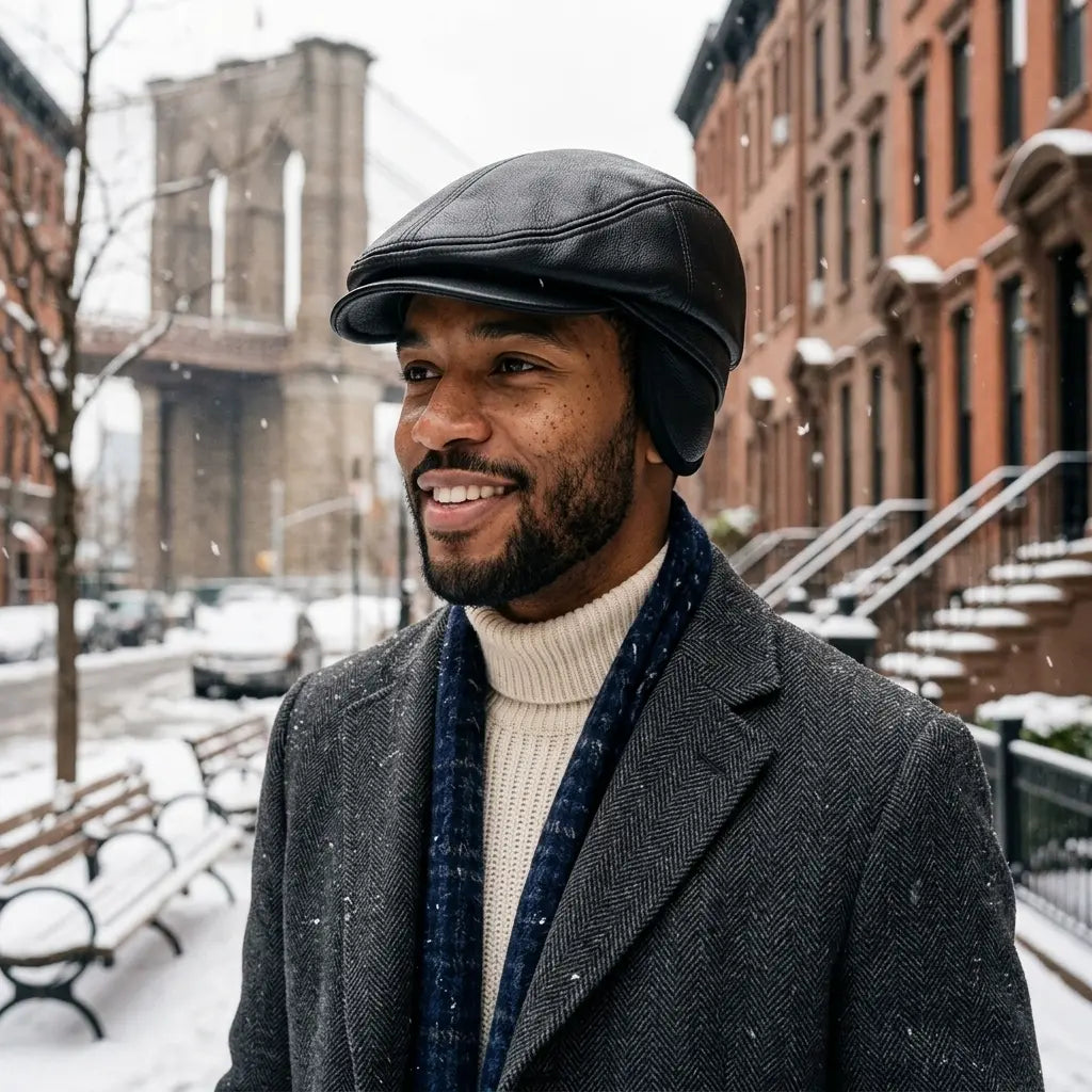 Atlanta Black Genuine Leather Earflaps Flat Cap