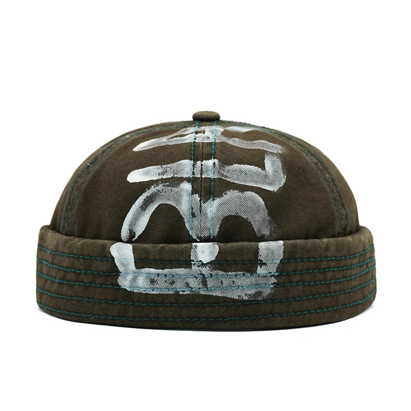 BLACK Graffiti Adjustable Cotton Brimless Docker Cap