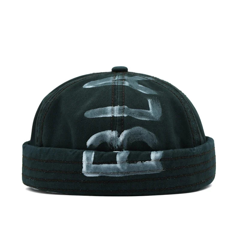 BLACK Graffiti Adjustable Cotton Brimless Docker Cap
