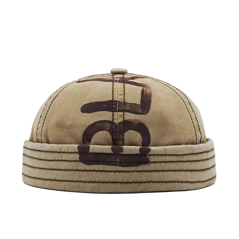 BLACK Graffiti Adjustable Cotton Brimless Docker Cap