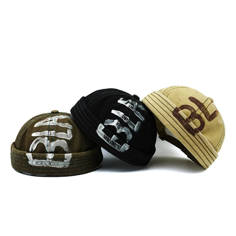 BLACK Graffiti Adjustable Cotton Brimless Docker Cap