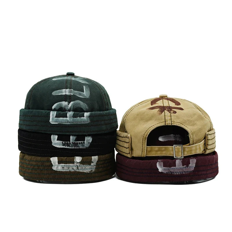 BLACK Graffiti Adjustable Cotton Brimless Docker Cap