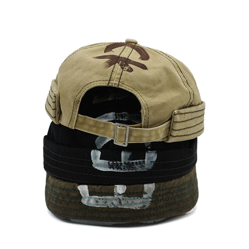 BLACK Graffiti Adjustable Cotton Brimless Docker Cap
