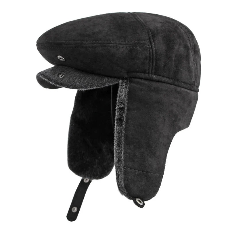 Belfast Winter Earflaps Black Fur Flat Cap