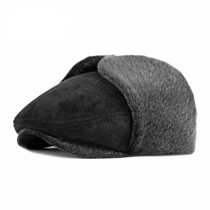 Belfast Winter Earflaps Black Fur Flat Cap