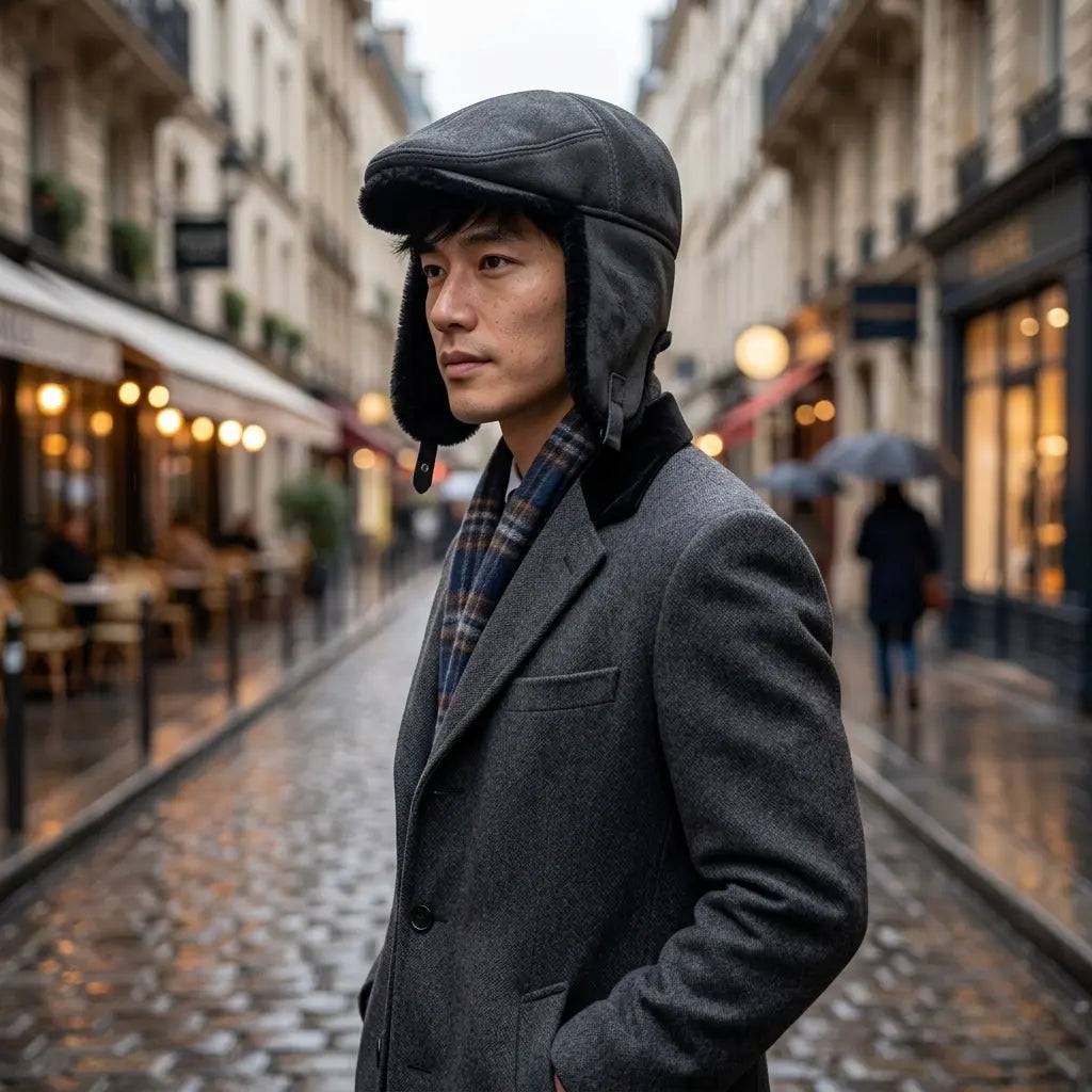 Belfast Winter Earflaps Black Fur Flat Cap