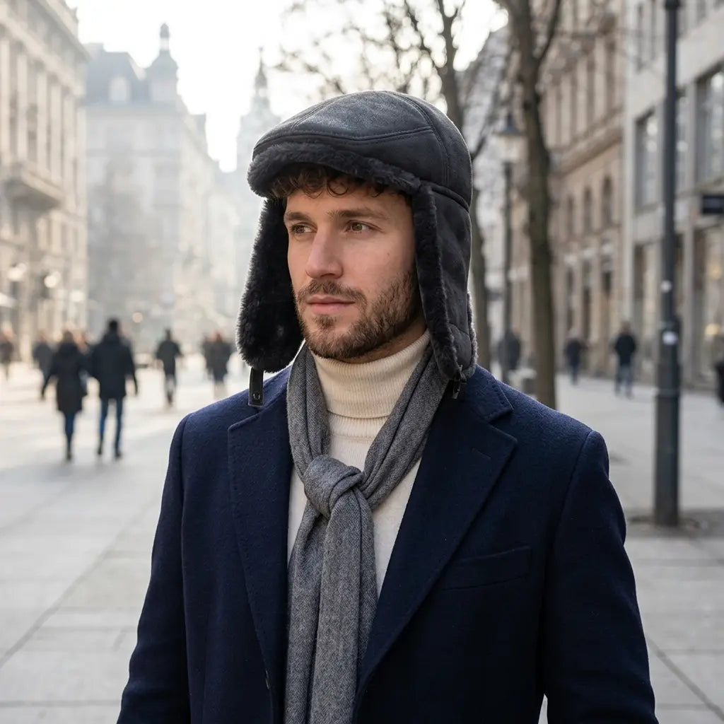 Belfast Winter Earflaps Black Fur Flat Cap