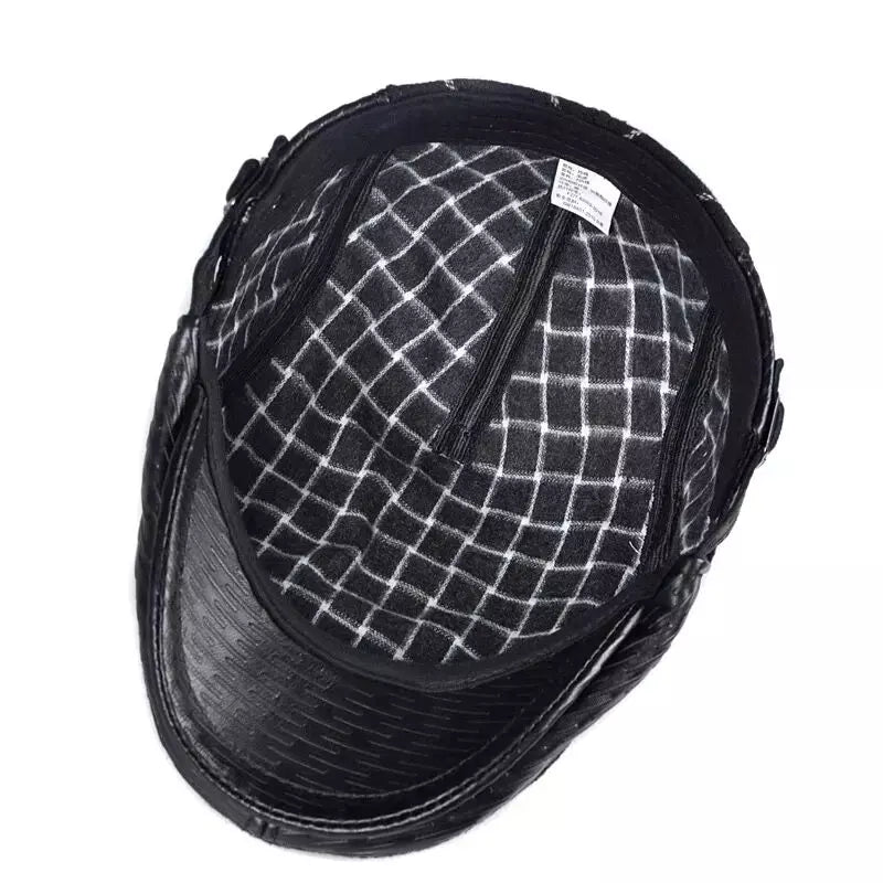 Berlin Striped Black Genuine Leather Flat Cap