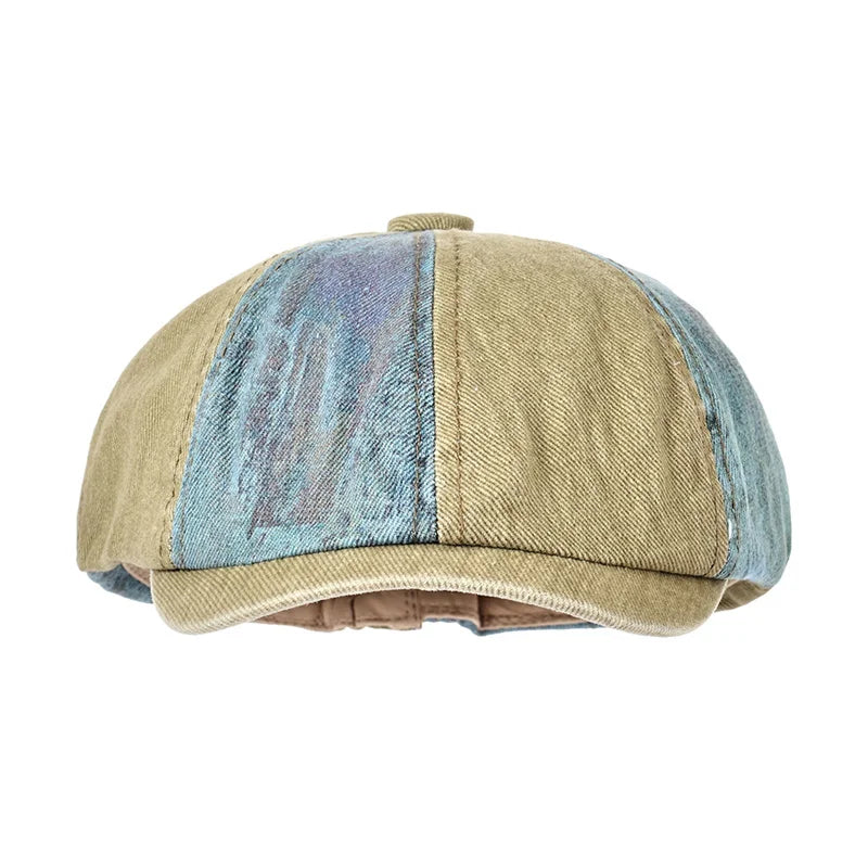Bicolor Patchwork Denim Newsboy Cap