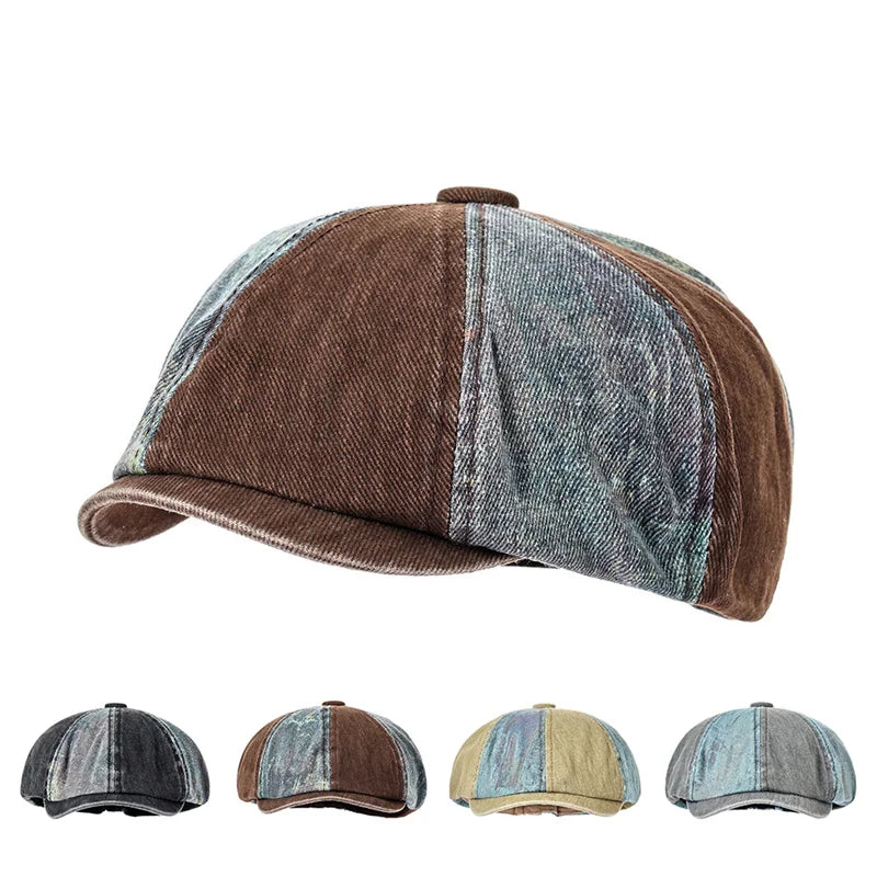 Bicolor Patchwork Denim Newsboy Cap