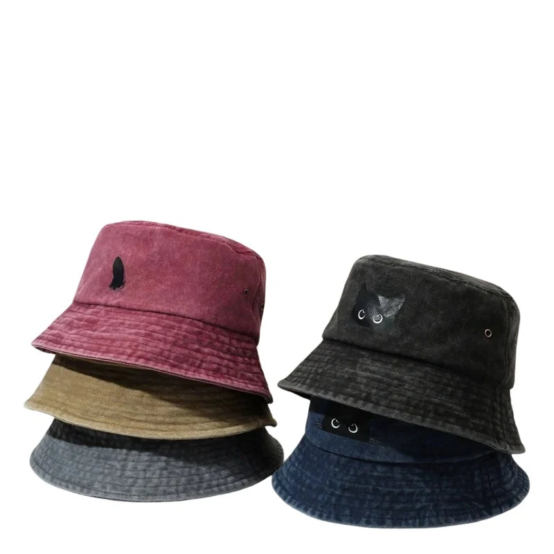 Black Cat Washed Cotton Bucket Hat