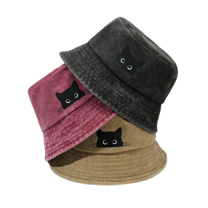 Black Cat Washed Cotton Bucket Hat