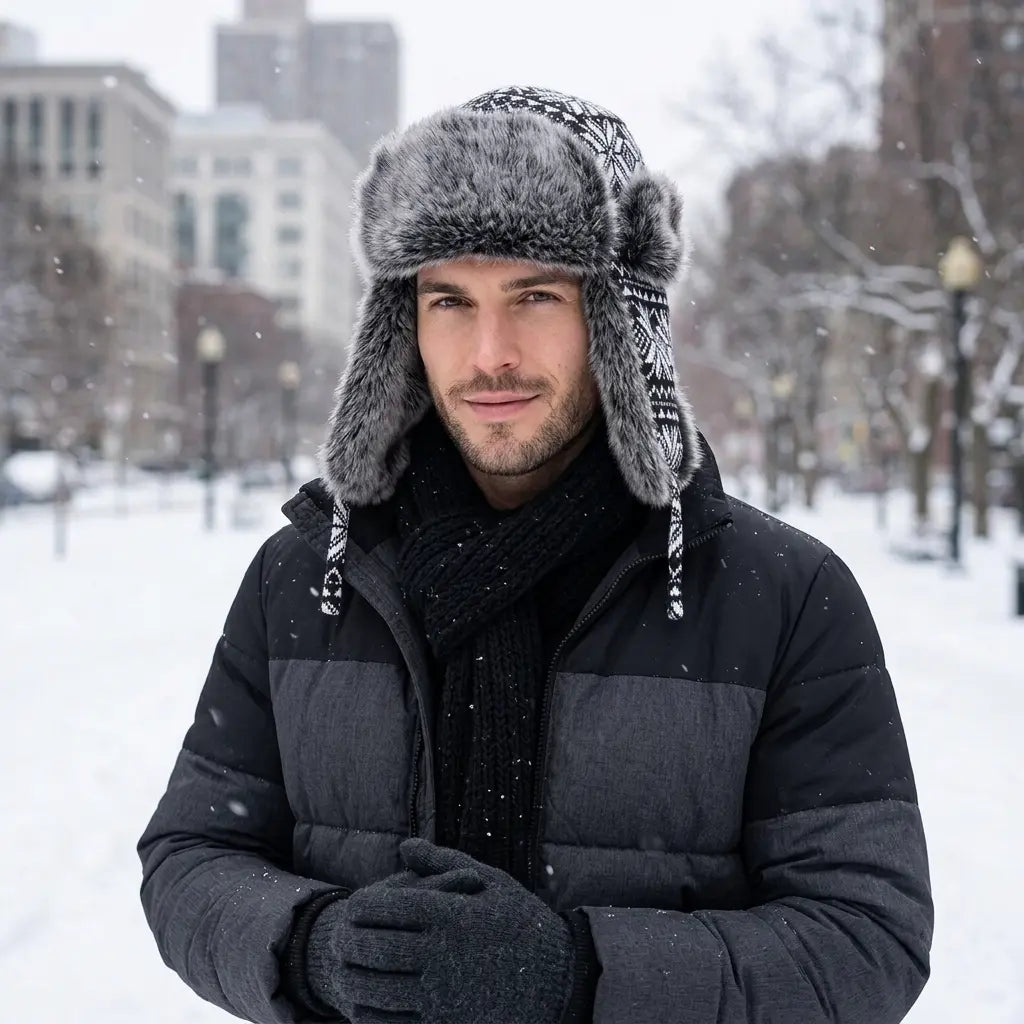 Black & White Christmas Winter Fur Trapper Bomber Hat