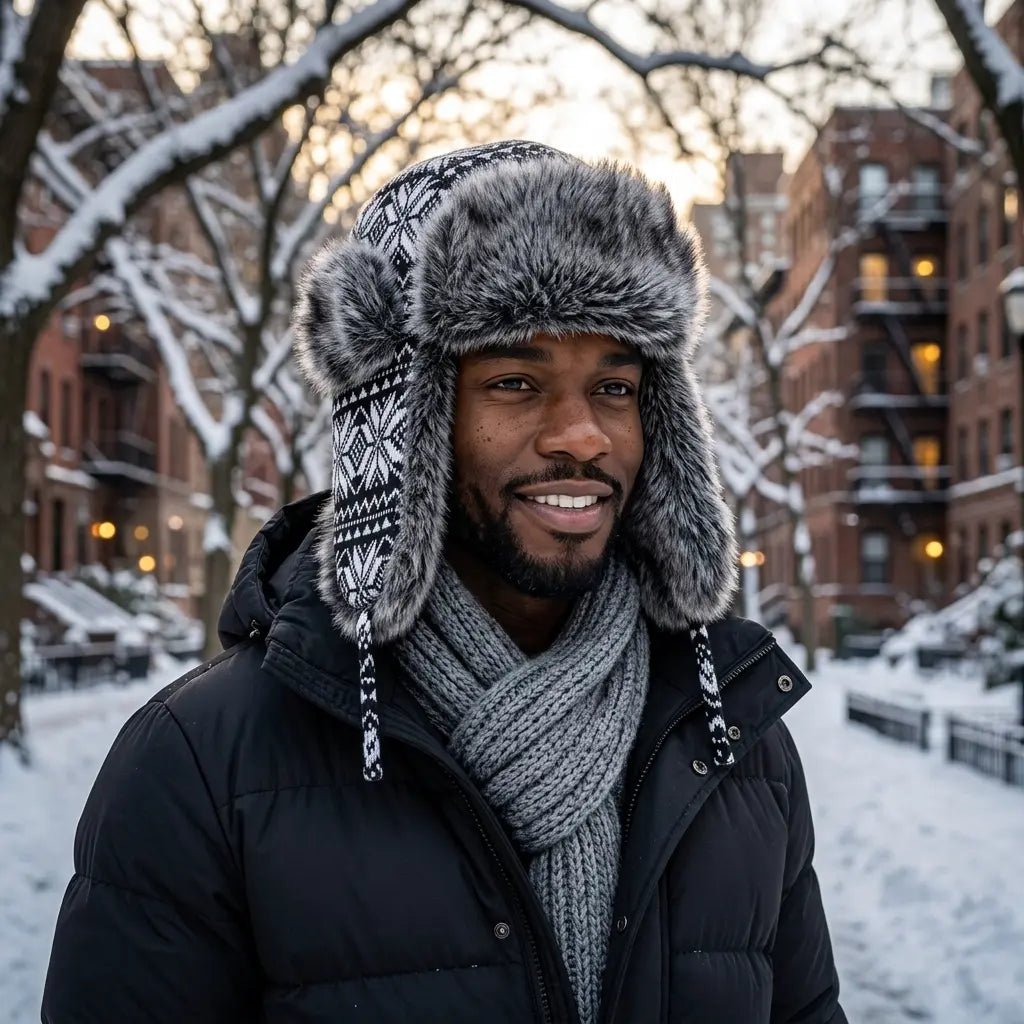 Black & White Christmas Winter Fur Trapper Bomber Hat