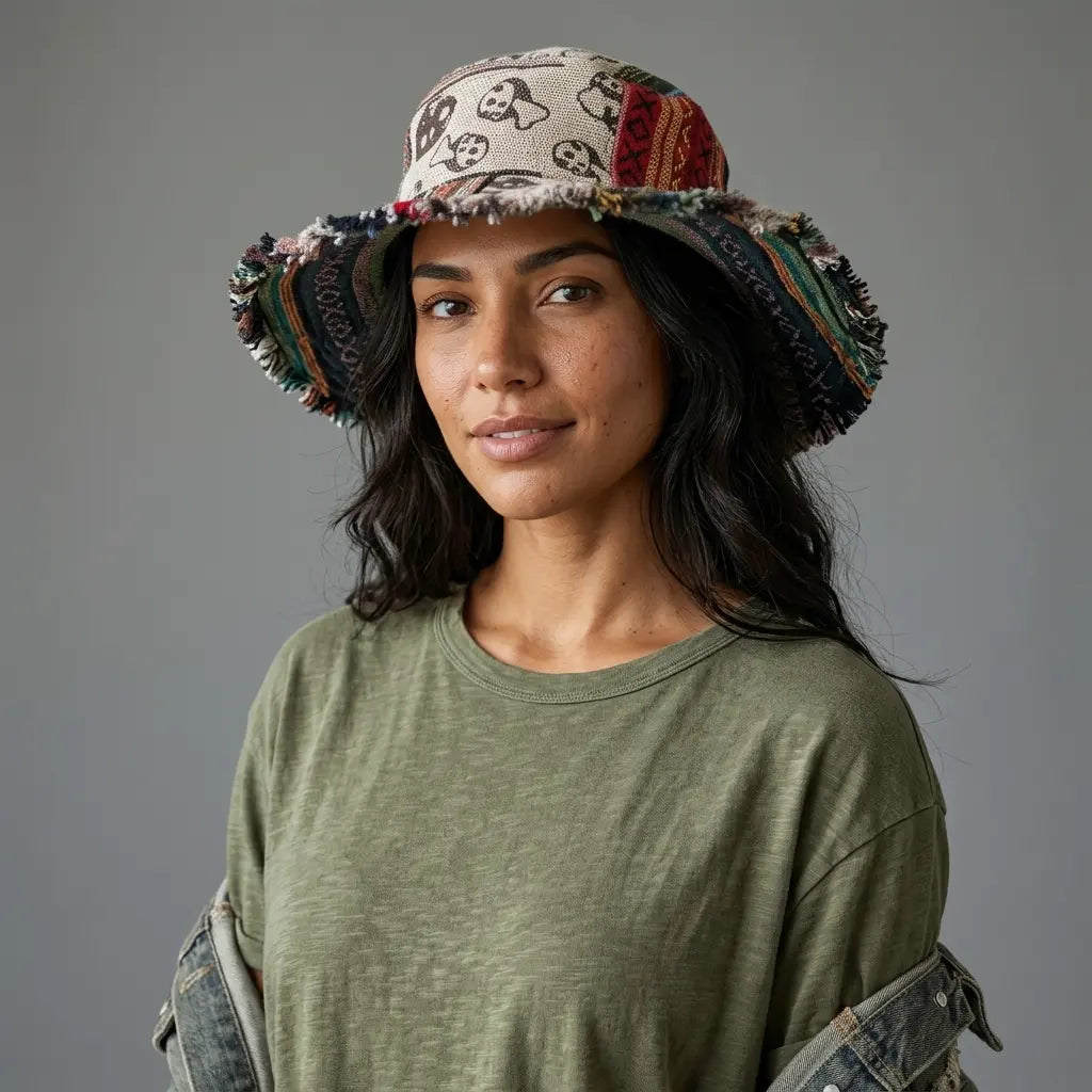 Boho Hippie Multicolor Patchwork Cotton Bucket Hat