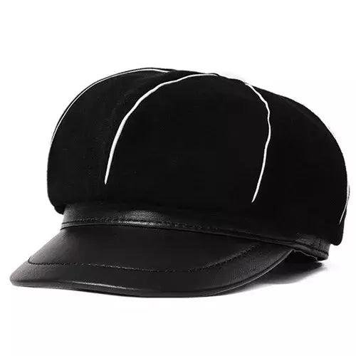Bossier Black Genuine Leather Newsboy Cap