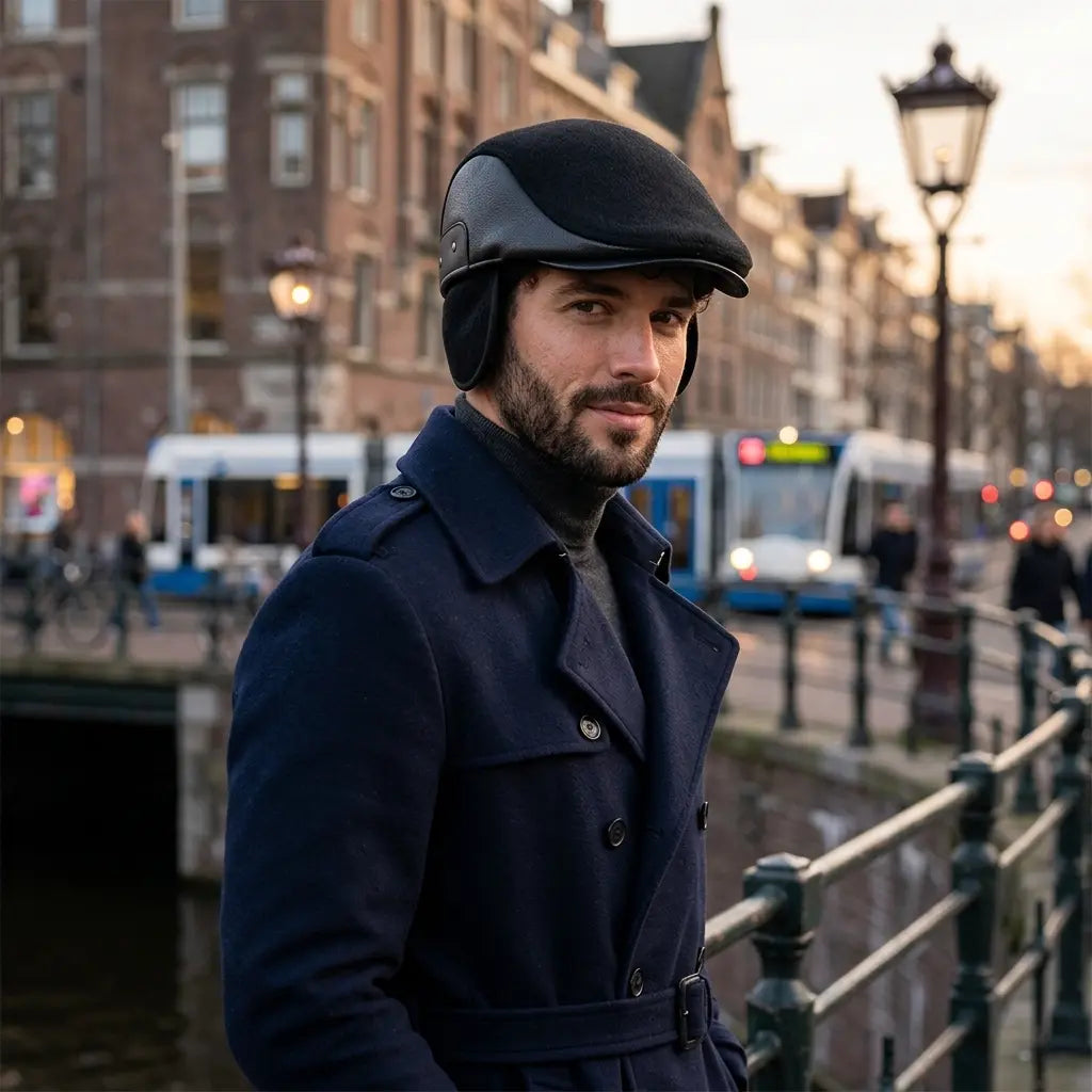 Brosnan Winter Earflaps Leather Duckbill Flat Cap
