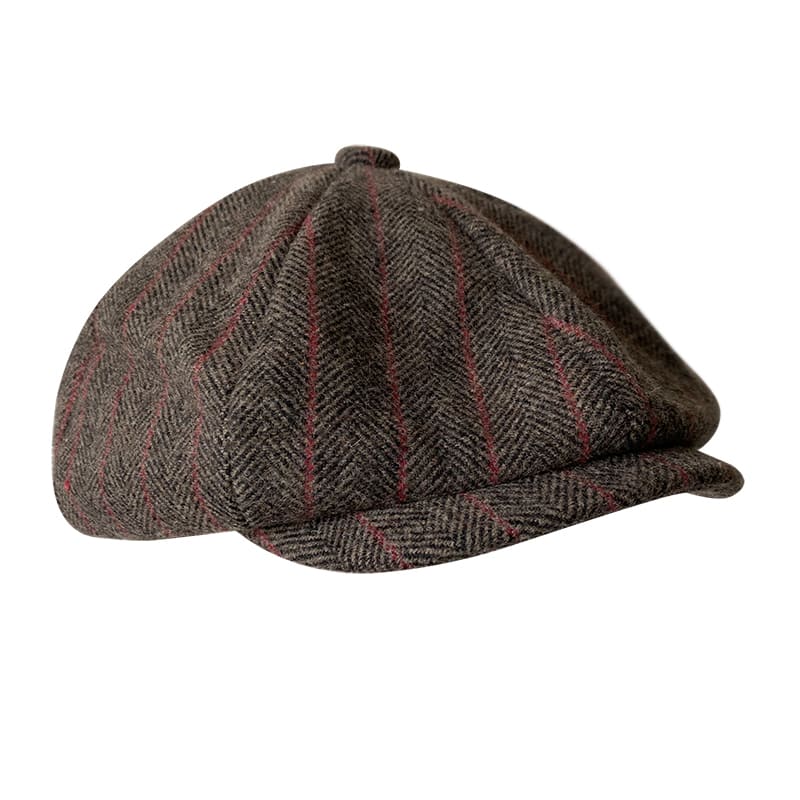 Brown Herringbone & Striped Wool Newsboy Cap