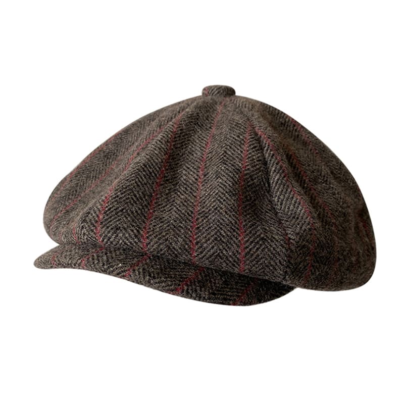 Brown Herringbone & Striped Wool Newsboy Cap