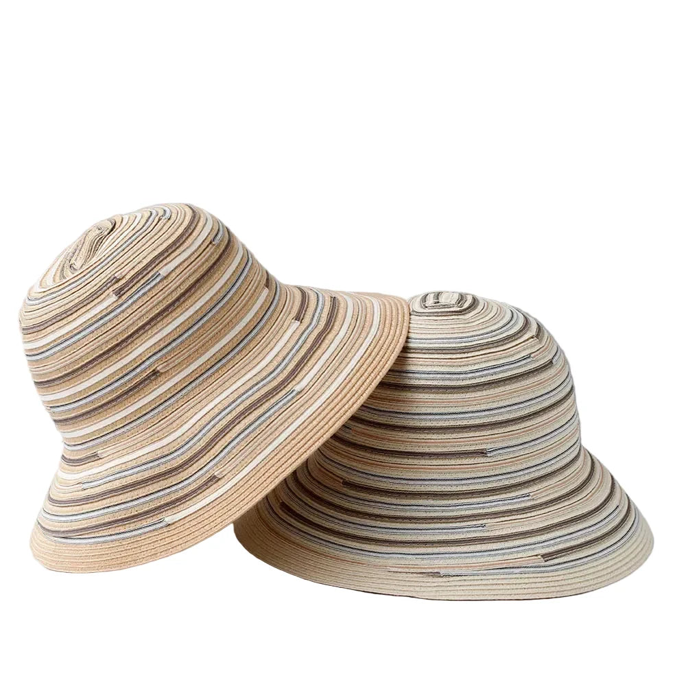 Cannes Summer Striped Straw Wide Brim Bucket Hat