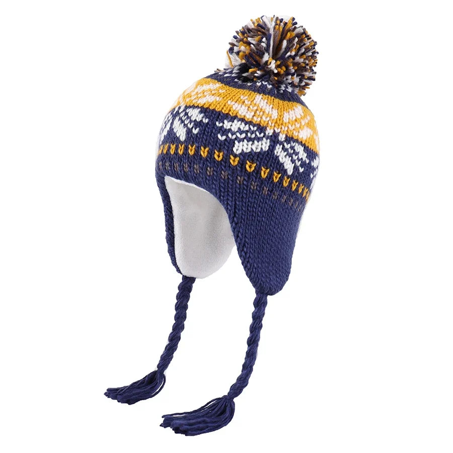 Christmas Kids Winter Earflaps Pom Pom Beanie