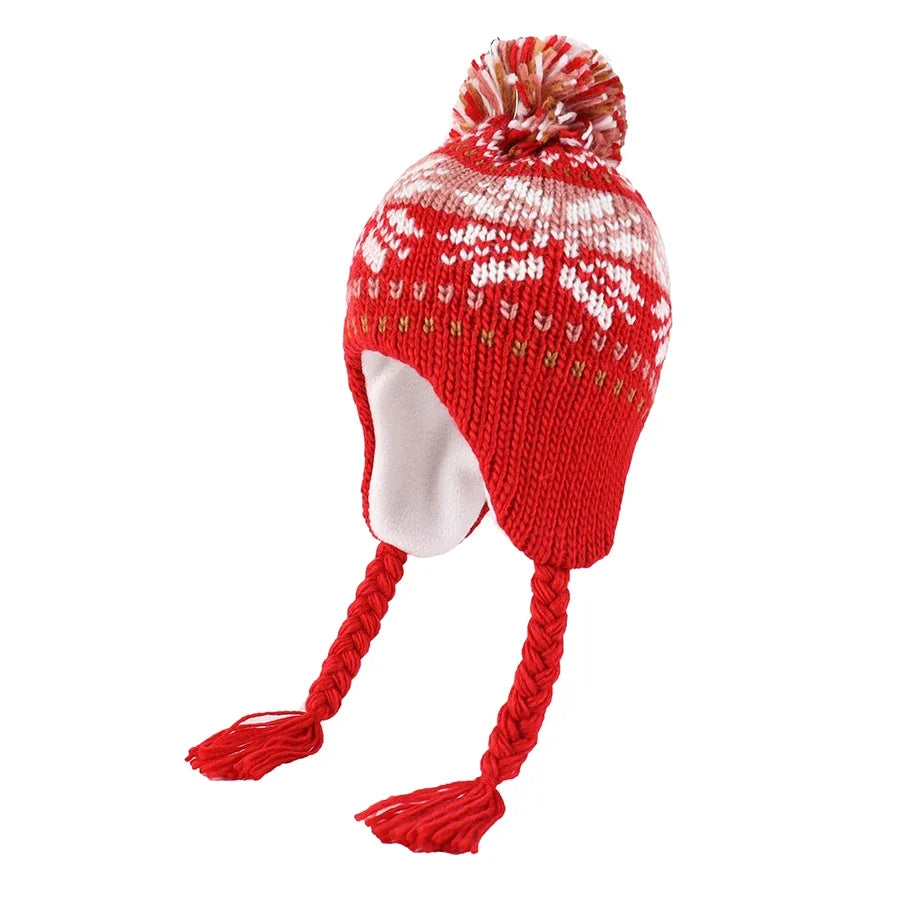 Christmas Kids Winter Earflaps Pom Pom Beanie