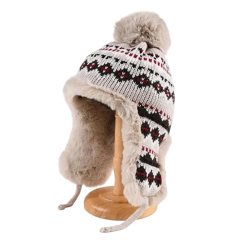 Christmas Winter Knitted Pom Pom Fur Bomber Hat