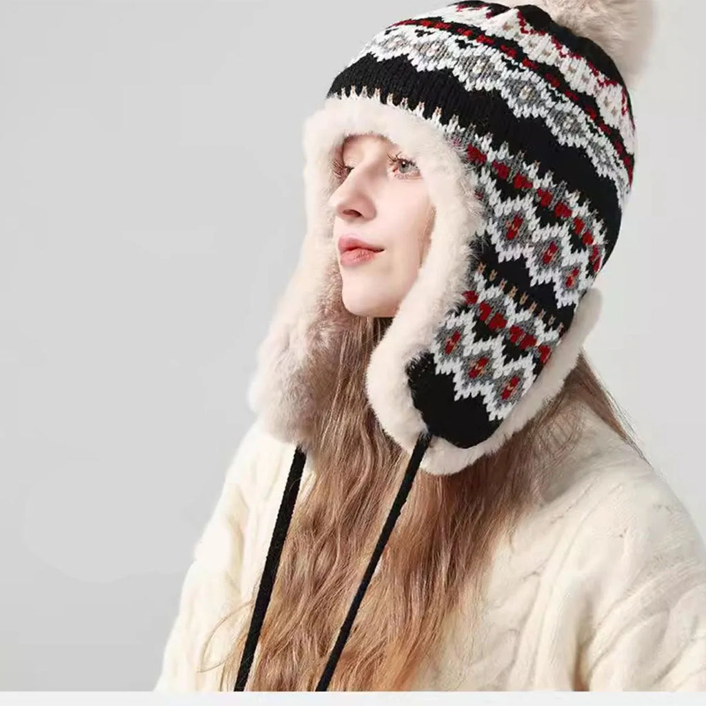 Christmas Winter Knitted Pom Pom Fur Bomber Hat
