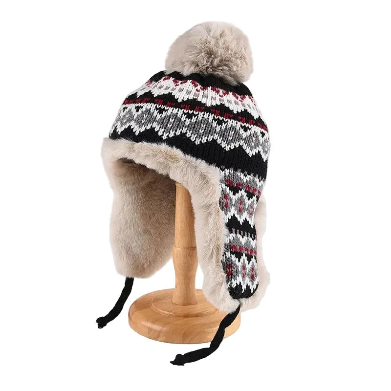 Christmas Winter Knitted Pom Pom Fur Bomber Hat