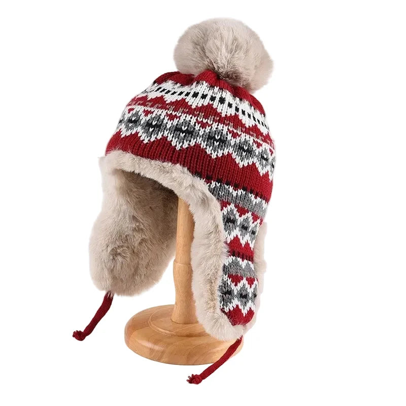 Christmas Winter Knitted Pom Pom Fur Bomber Hat