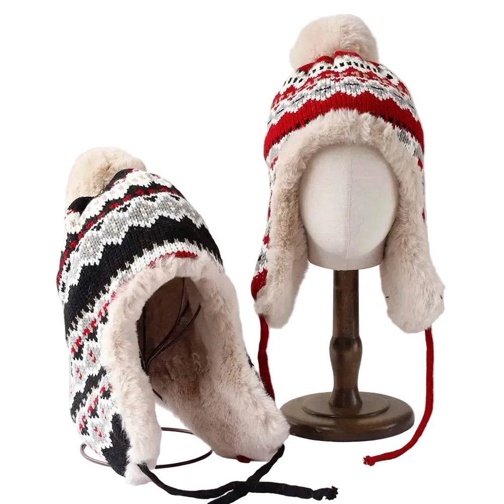 Christmas Winter Knitted Pom Pom Fur Bomber Hat