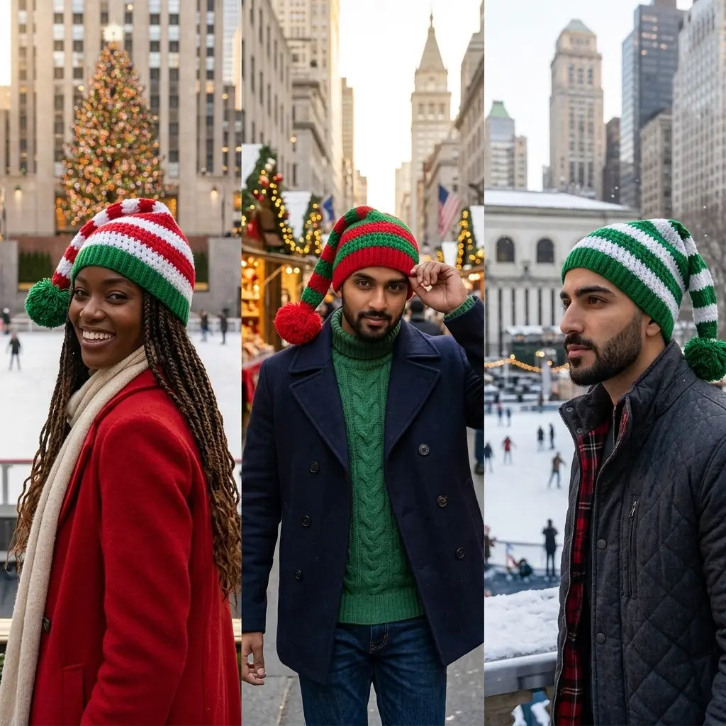 Classic Pom Pom Christmas Elf Striped Beanie