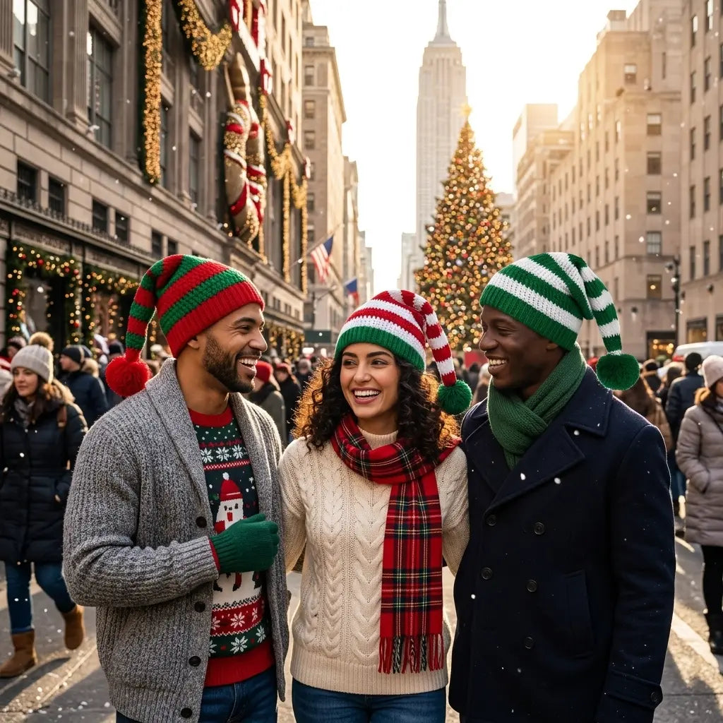 Classic Pom Pom Christmas Elf Striped Beanie