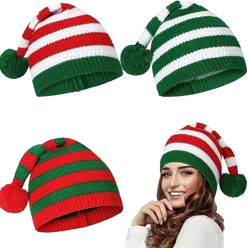 Classic Pom Pom Christmas Elf Striped Beanie