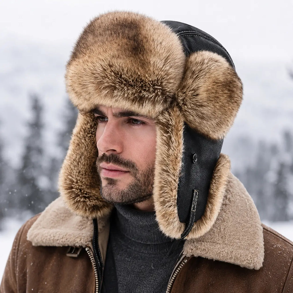 Davenport Winter Fur Leather Trapper Bomber Hat