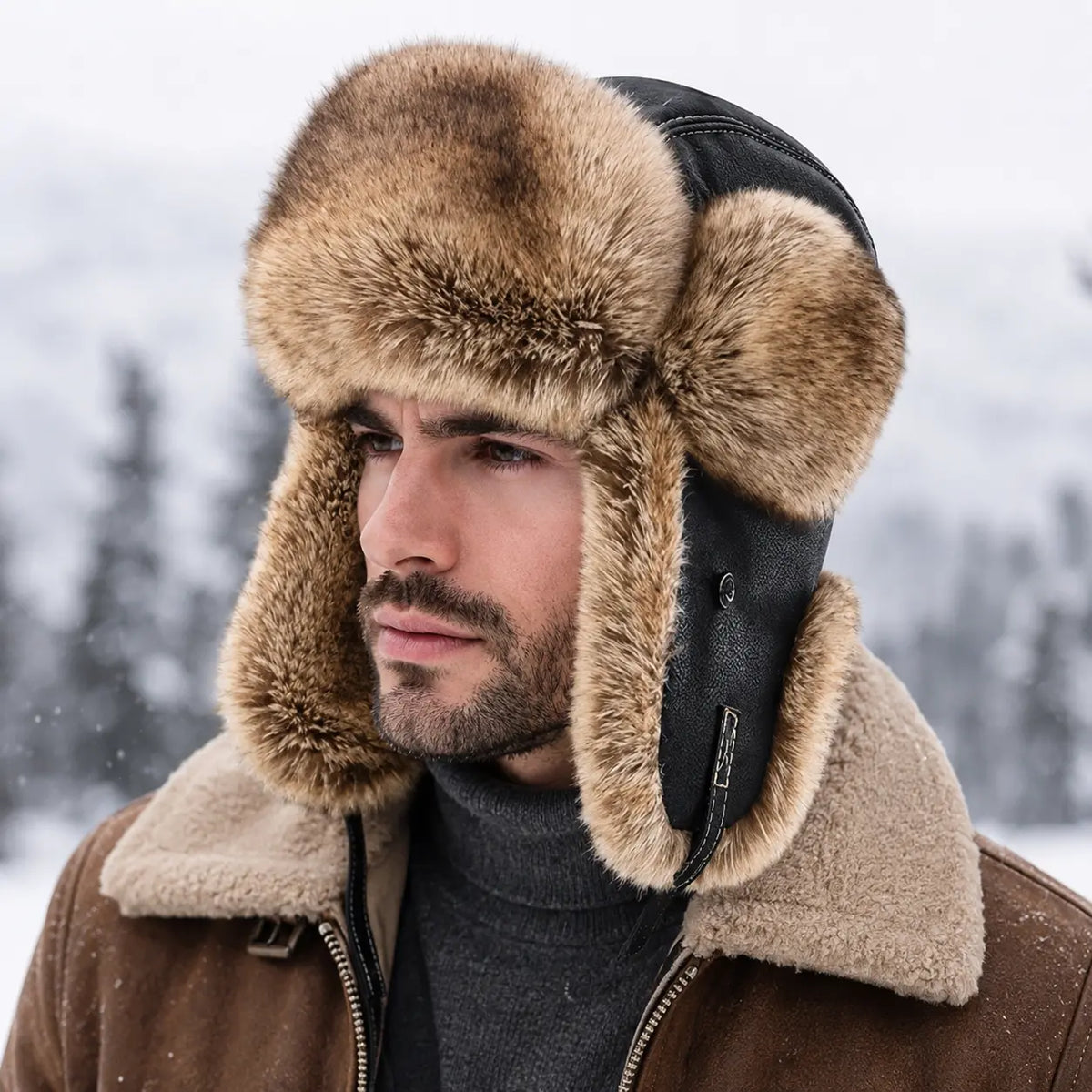 Davenport Winter Fur Leather Trapper Bomber Hat