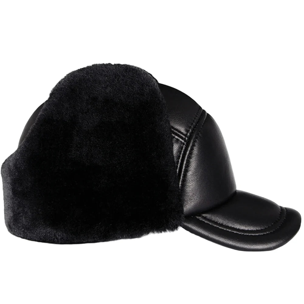 Davison Black Genuine Leather Trapper Bomber Hat