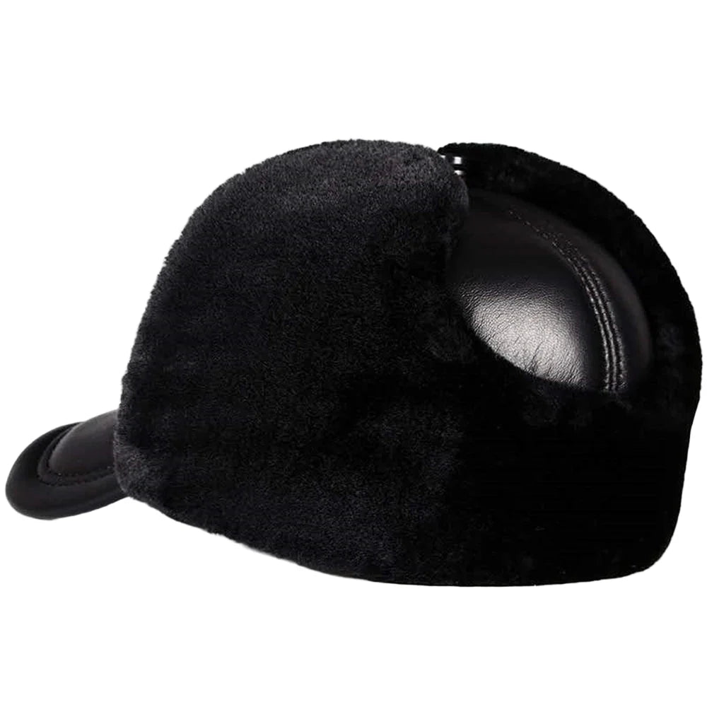 Davison Black Genuine Leather Trapper Bomber Hat