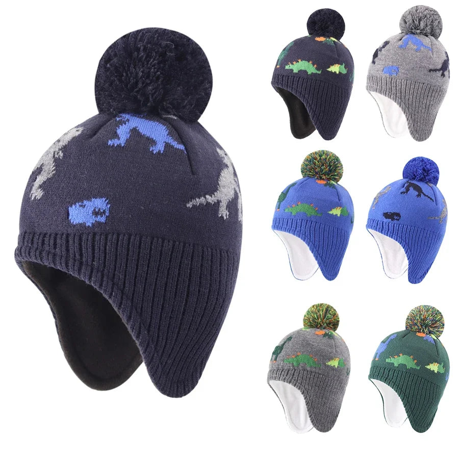 Dinosaurs Kids Winter Earflaps Pom Pom Beanie