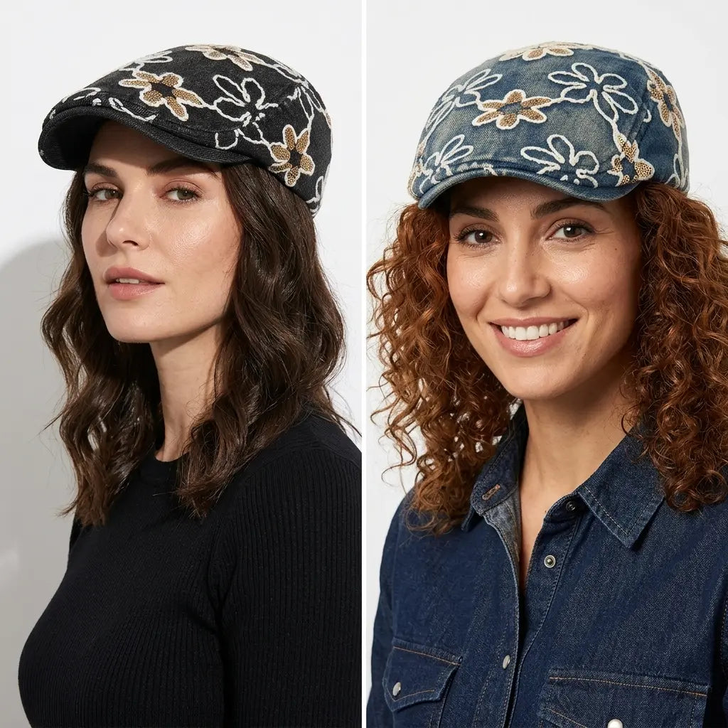 Dream of Spring Floral Denim Flat Cap