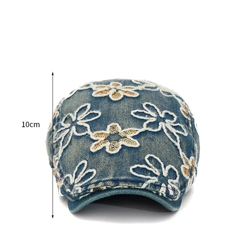 Dream of Spring Floral Denim Flat Cap