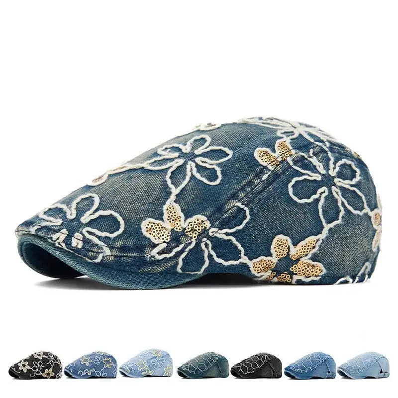 Dream of Spring Floral Denim Flat Cap