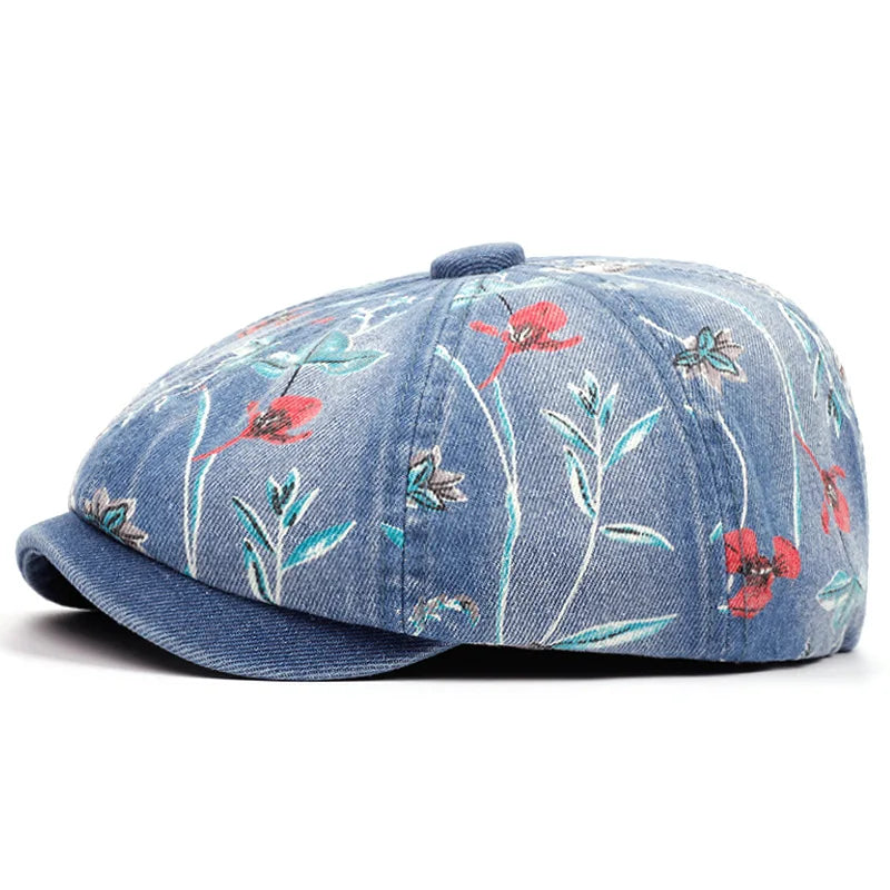 Floral Denim Newsboy Cap