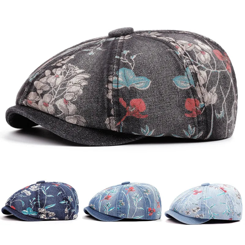 Floral Denim Newsboy Cap